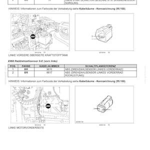 May include: A technical document page titled Elektrische Anlagen - Kabelb&auml;ume und Steckverbinder, detailing wiring diagrams for X967 brake fluid level switch and X968 wheel speed sensor, including tables with color codes, cable numbers, and schematic references.