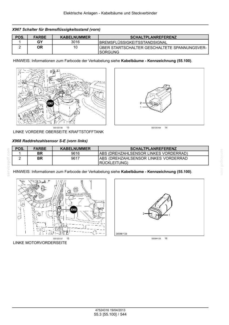 May include: A technical document page titled Elektrische Anlagen - Kabelb&auml;ume und Steckverbinder, detailing wiring diagrams for X967 brake fluid level switch and X968 wheel speed sensor, including tables with color codes, cable numbers, and schematic references.