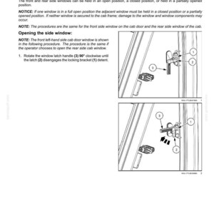 May include: Diagram illustrating the controls and instruments for a cab windshield and windows. The image shows how to open and close the side windows, including the latch handle, locking bracket, and detent. Text includes instructions and safety notices.