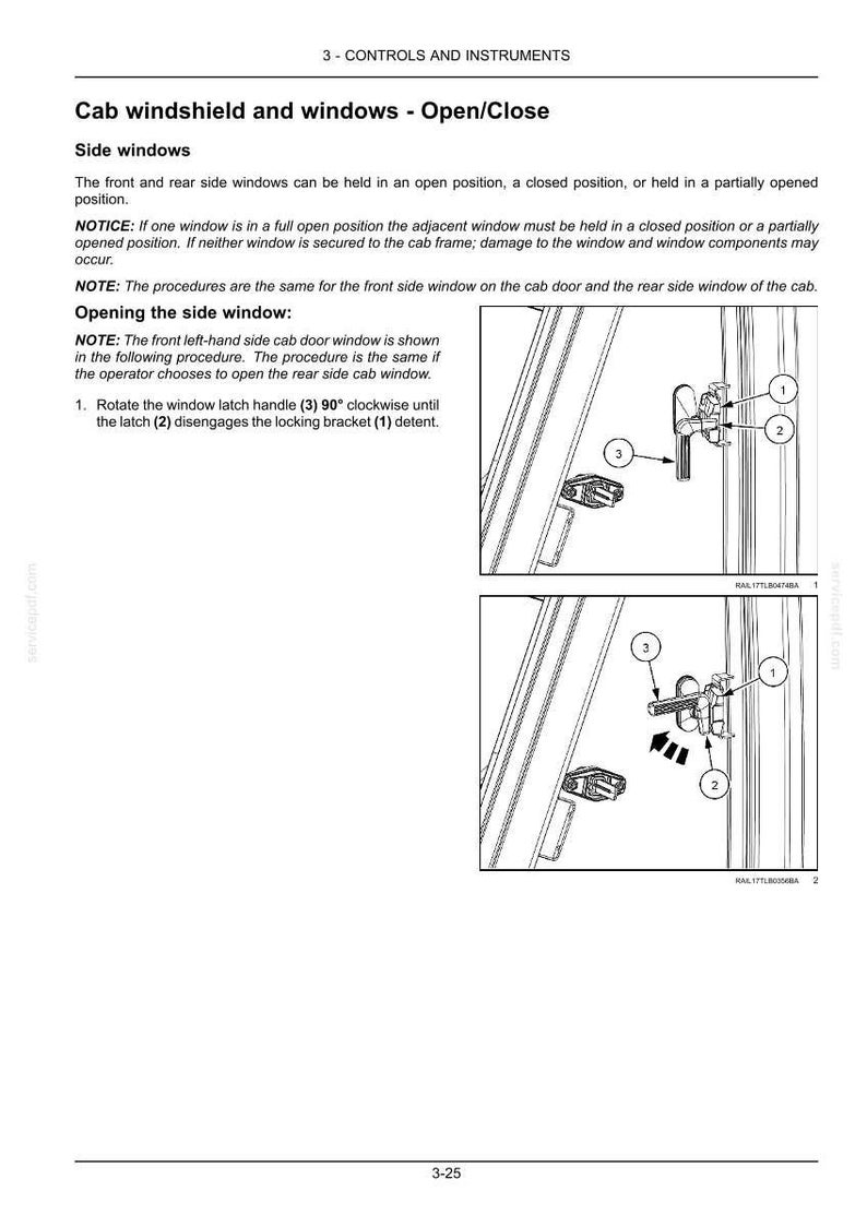 May include: Diagram illustrating the controls and instruments for a cab windshield and windows. The image shows how to open and close the side windows, including the latch handle, locking bracket, and detent. Text includes instructions and safety notices.