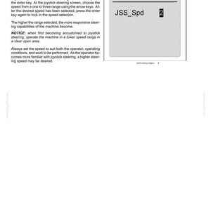 May include: A technical manual page titled 3 - CONTROLS AND INSTRUMENTS featuring instructions for Joy stick steering speed select. It includes a graphic display showing the text Joyst Steer, JSS_Spd, and the number 2 within a rectangular box.
