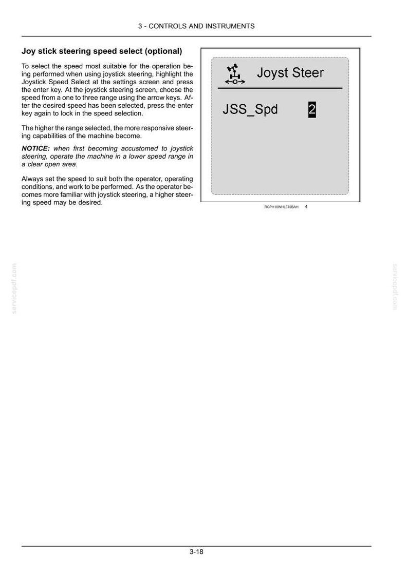 May include: A technical manual page titled 3 - CONTROLS AND INSTRUMENTS featuring instructions for Joy stick steering speed select. It includes a graphic display showing the text Joyst Steer, JSS_Spd, and the number 2 within a rectangular box.