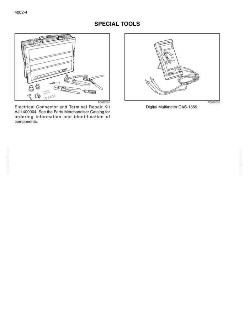 May include: An illustration of special tools. The image includes an electrical connector and terminal repair kit with the text "Electrical Connector and Terminal Repair Kit AJI1400004." Also shown is a digital multimeter with the text "Digital Multimeter CAS-1559."
