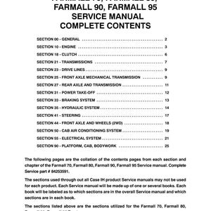 May include: A white page with black text detailing the complete contents of a Farmall 70, 80, 90, and 95 service manual. The manual includes sections on the engine, clutch, transmissions, and more. The service manual is for tractors.