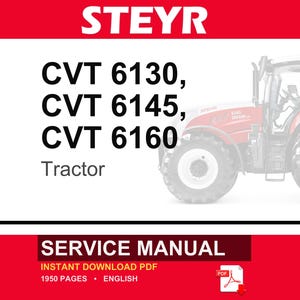 May include: A service manual for Steyr CVT 6130, CVT 6145, and CVT 6160 tractors. The document cover features the brand name STEYR in white text on a red background, a partial image of a red tractor, and the text SERVICE MANUAL in white on red.