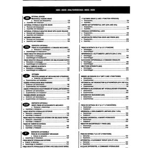 May include: A page from a manual with a table of contents in multiple languages, including English, Italian, German, and Spanish. The document lists various mechanical and hydraulic brake components and their functions.