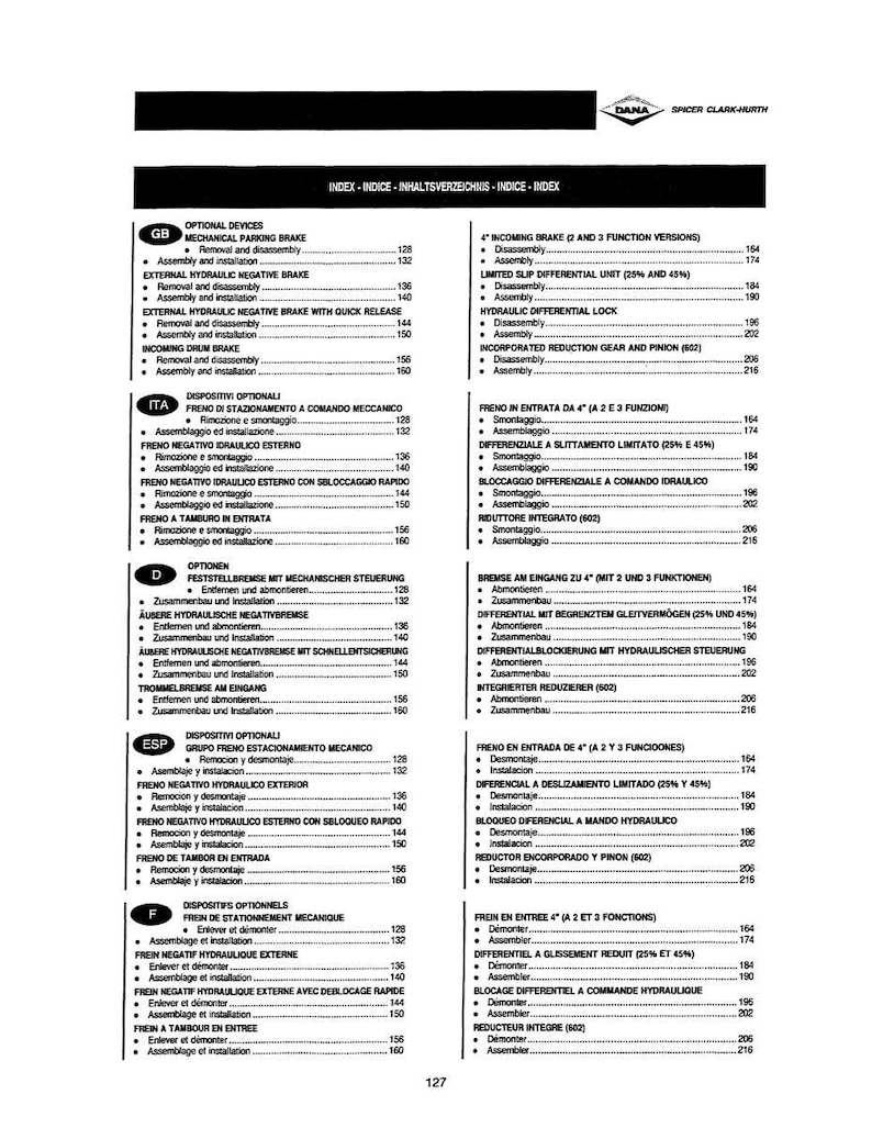 May include: A page from a manual with a table of contents in multiple languages, including English, Italian, German, and Spanish. The document lists various mechanical and hydraulic brake components and their functions.
