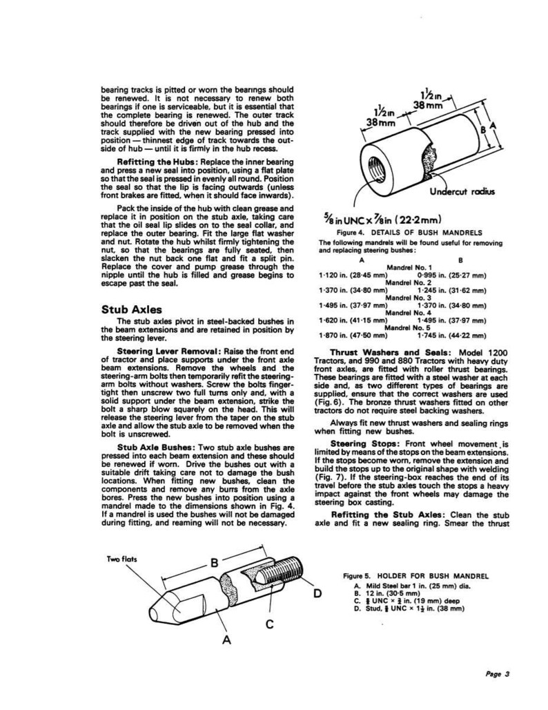 May include: Technical diagram with detailed illustrations of automotive parts, including a bush mandrel and stub axles. Measurements are provided in inches and millimeters, with labels for various components.
