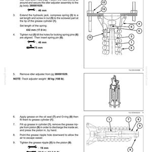 May include: Technical diagram of a track suspension system with labeled components. Includes measurements in inches and pounds, such as a spring length of 17.0 inches and a track adjuster weight of 198 lb.
