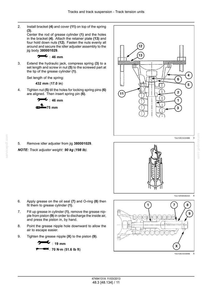 May include: Technical diagram of a track suspension system with labeled components. Includes measurements in inches and pounds, such as a spring length of 17.0 inches and a track adjuster weight of 198 lb.