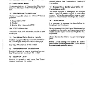 May include: A technical document page titled Controls, Instruments, and Operation, numbered 1-9. It lists numbered tractor controls including Variospeed Hydraulic Control, Flow Control Knob, PTO Selector, Four Wheel Drive Handle, and Clutch Pedal.