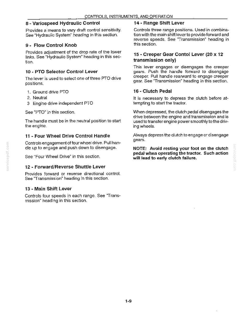 May include: A technical document page titled Controls, Instruments, and Operation, numbered 1-9. It lists numbered tractor controls including Variospeed Hydraulic Control, Flow Control Knob, PTO Selector, Four Wheel Drive Handle, and Clutch Pedal.