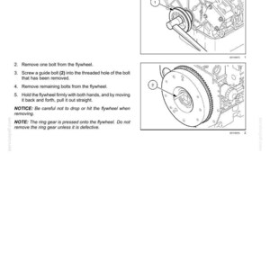 May include: Diagram illustrating the removal of an engine flywheel. The image shows a wrench holding a pulley, and a detailed view of the flywheel with bolts and a ring gear. Text provides step-by-step instructions.