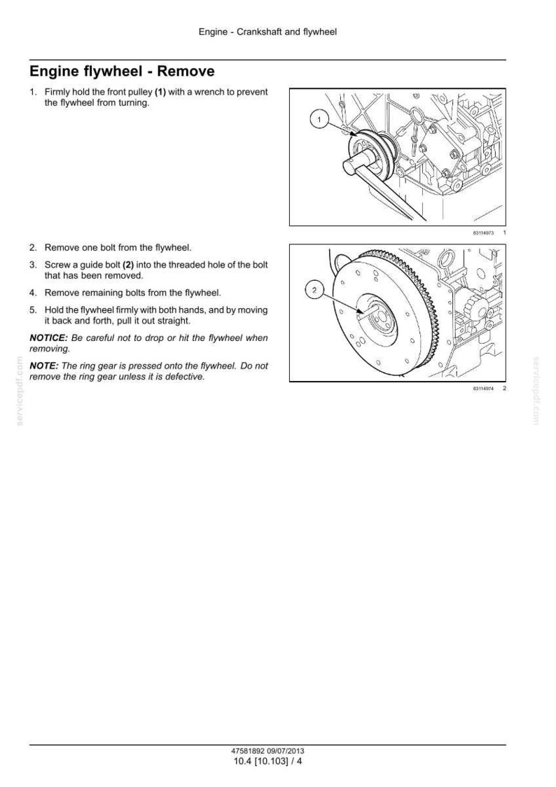 May include: Diagram illustrating the removal of an engine flywheel. The image shows a wrench holding a pulley, and a detailed view of the flywheel with bolts and a ring gear. Text provides step-by-step instructions.
