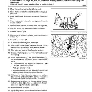 May include: A technical manual page titled Radiator and condenser - cleaning, featuring a caution box about compressed air, a numbered list of eighteen maintenance steps, and two black and white line drawings of a backhoe loader machine.