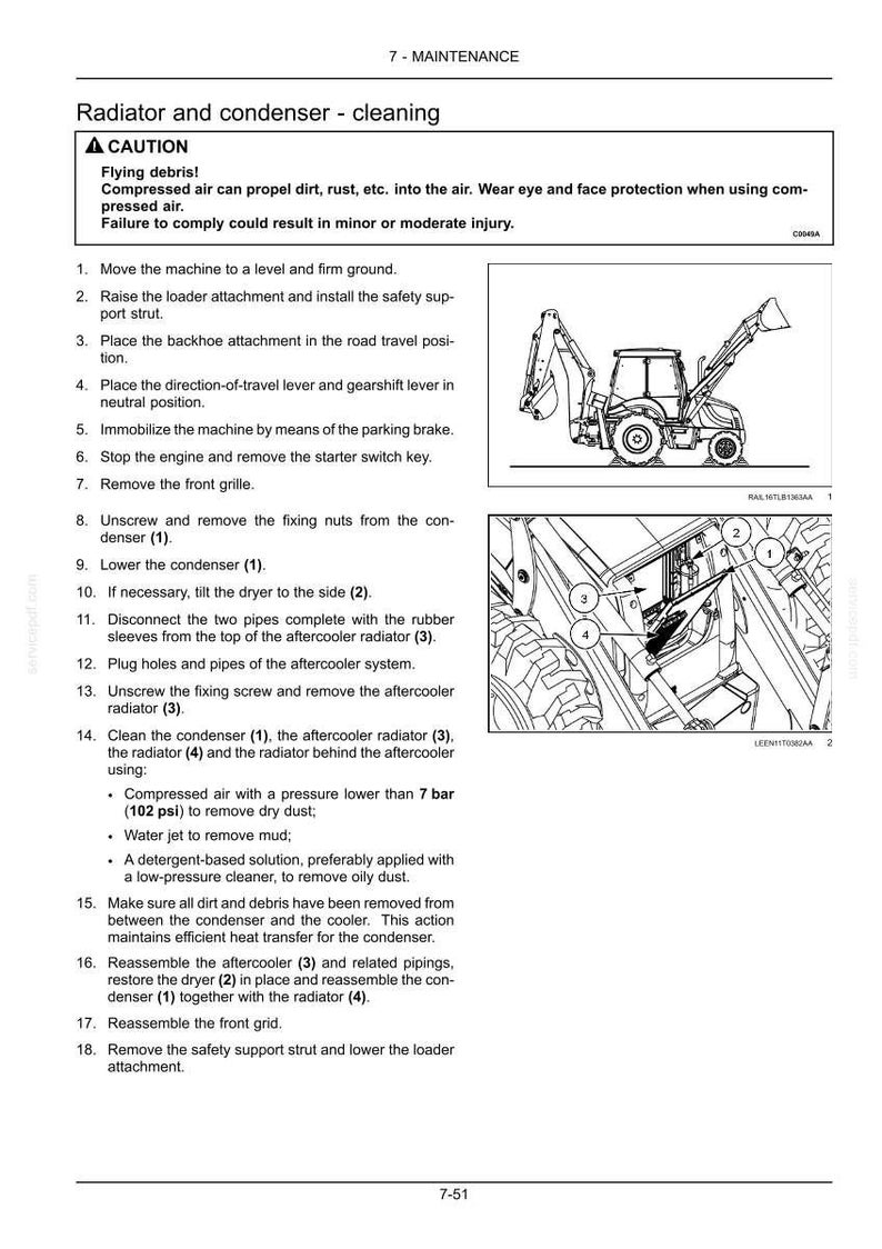 May include: A technical manual page titled Radiator and condenser - cleaning, featuring a caution box about compressed air, a numbered list of eighteen maintenance steps, and two black and white line drawings of a backhoe loader machine.