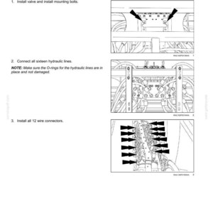 May include: Technical diagram illustrating the installation of control valves in a sprayer hydraulic system. Instructions are provided for installing valves, connecting hydraulic lines, and installing wire connectors. The image uses arrows.