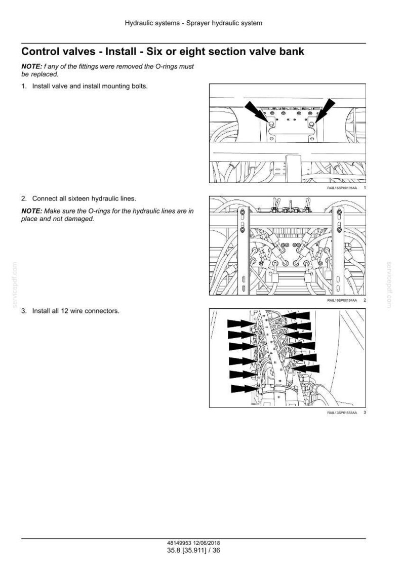 May include: Technical diagram illustrating the installation of control valves in a sprayer hydraulic system. Instructions are provided for installing valves, connecting hydraulic lines, and installing wire connectors. The image uses arrows.