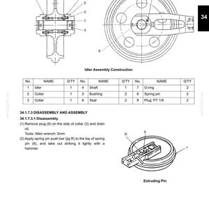 May include: Technical diagram of an idler assembly, featuring detailed illustrations of components like collars, shafts, and O-rings. Includes a diagram of the Extruding Pin and instructions for disassembly and assembly. The text includes measurements in millimeters.