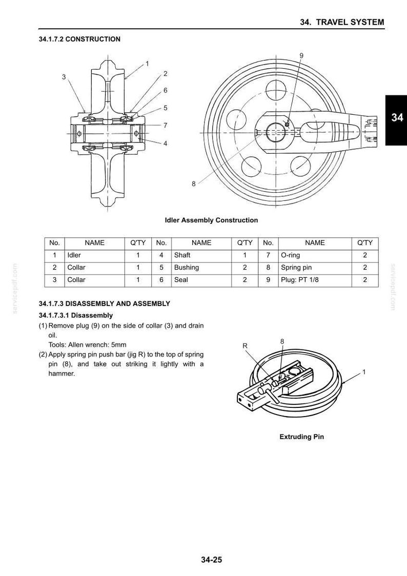 May include: Technical diagram of an idler assembly, featuring detailed illustrations of components like collars, shafts, and O-rings. Includes a diagram of the Extruding Pin and instructions for disassembly and assembly. The text includes measurements in millimeters.