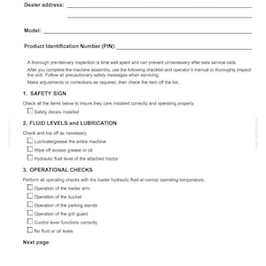 May include: A black and white pre-delivery report form titled 9-FORMS AND DECLARATIONS. It includes sections for dealer information, model, and PIN, followed by checklists for safety signs, fluid levels, lubrication, and operational checks.