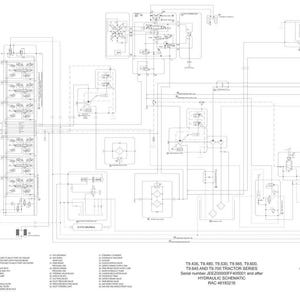 Op de afbeelding: Een gedetailleerd hydraulisch schema voor de T9.435, T9.480, T9.530, T9.565, T9.600, T9.645 en T9.700 tractorseries. Het schema is in zwart-wit en toont verschillende componenten en lijnen.