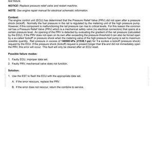 May include: A technical document titled "3106-Rail Pressure Relief Valve - Did Not Open After Pressure Shock." It details potential failure modes, solutions, and context related to fuel injection systems. Includes kPa and psi measurements.