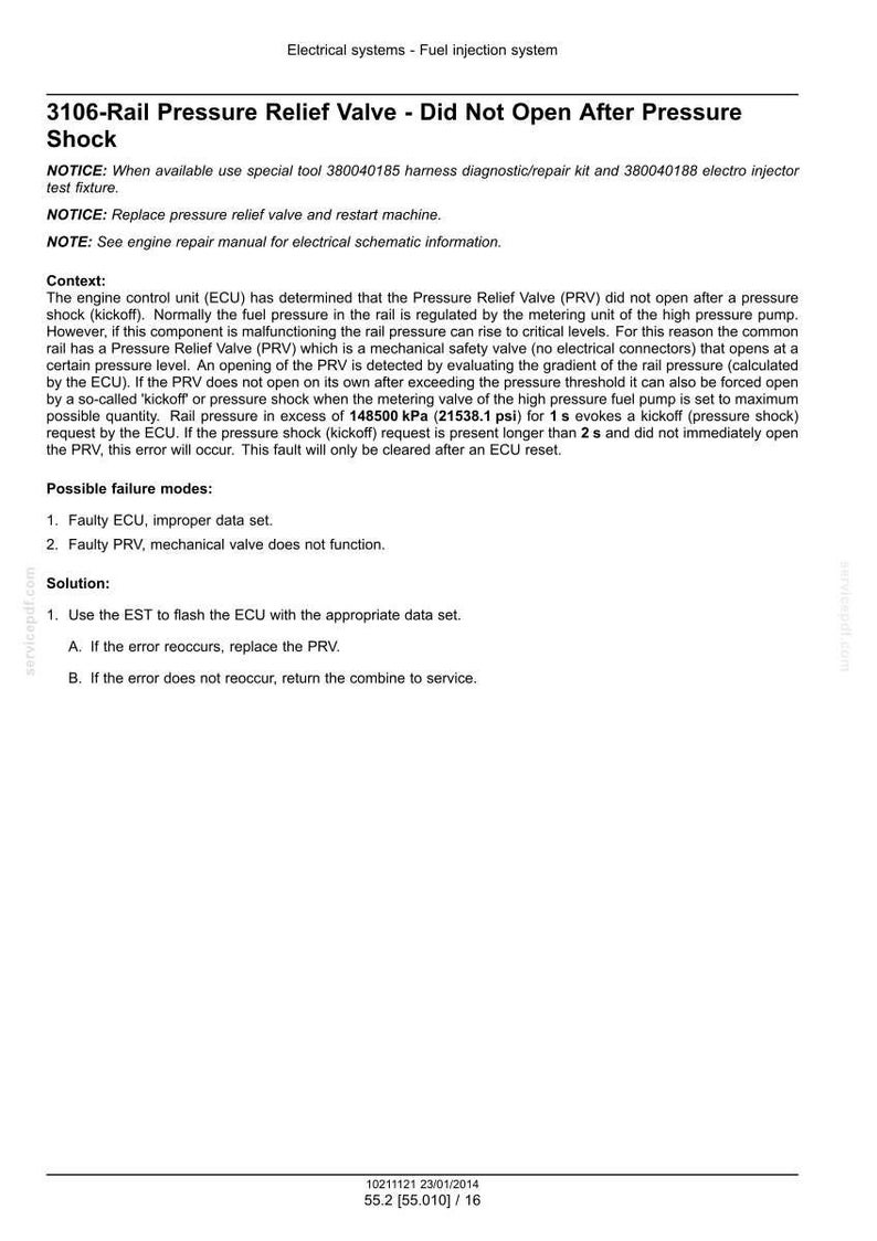 May include: A technical document titled "3106-Rail Pressure Relief Valve - Did Not Open After Pressure Shock." It details potential failure modes, solutions, and context related to fuel injection systems. Includes kPa and psi measurements.
