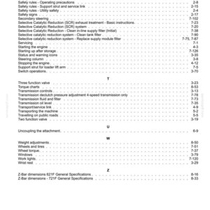 May include: A detailed table of contents from a manual, featuring various sections like safety rules, engine operation, and maintenance procedures. The text is in black font on a white background.