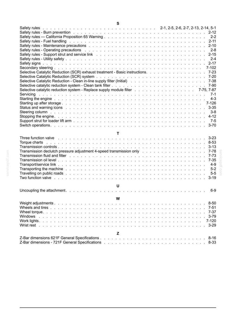 May include: A detailed table of contents from a manual, featuring various sections like safety rules, engine operation, and maintenance procedures. The text is in black font on a white background.