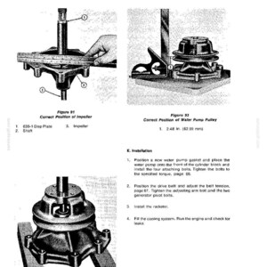 May include: Diagrams from a manual showing engine components. Figure 91 illustrates the correct position of an impeller. Figure 93 shows the correct position of a water pump pulley, with a measurement of 2.48 inches (62.99 mm). Figure 92 shows the installation of a water pump pulley.