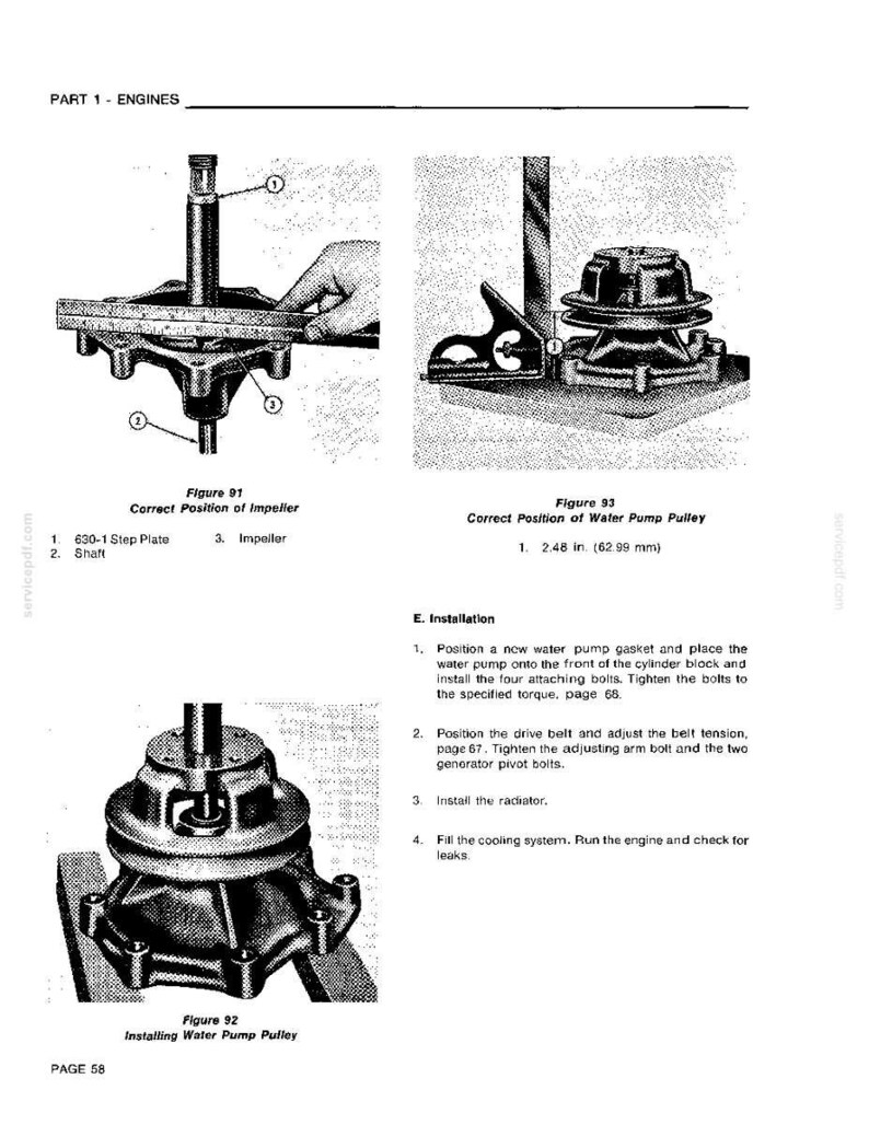 May include: Diagrams from a manual showing engine components. Figure 91 illustrates the correct position of an impeller. Figure 93 shows the correct position of a water pump pulley, with a measurement of 2.48 inches (62.99 mm). Figure 92 shows the installation of a water pump pulley.
