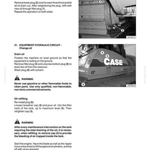 May include: Page from a manual with instructions for changing oil in a piece of heavy machinery. The image includes diagrams with numbered parts and warnings about using flammable fluids.