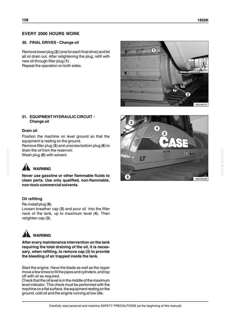 May include: Page from a manual with instructions for changing oil in a piece of heavy machinery. The image includes diagrams with numbered parts and warnings about using flammable fluids.