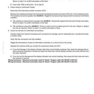 May include: A page from a technical manual detailing fault codes for electrical systems. The text includes instructions for troubleshooting, checking wiring, and identifying issues related to the instrument cluster and engine cable.