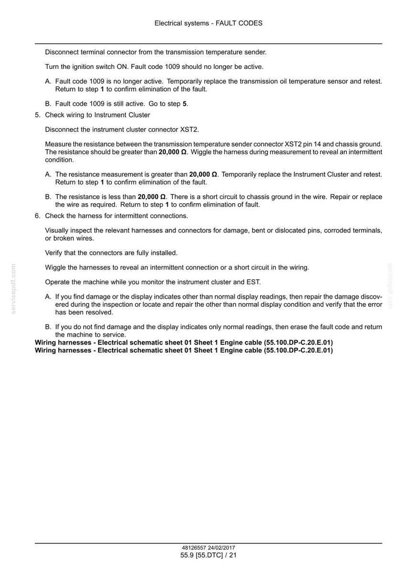 May include: A page from a technical manual detailing fault codes for electrical systems. The text includes instructions for troubleshooting, checking wiring, and identifying issues related to the instrument cluster and engine cable.