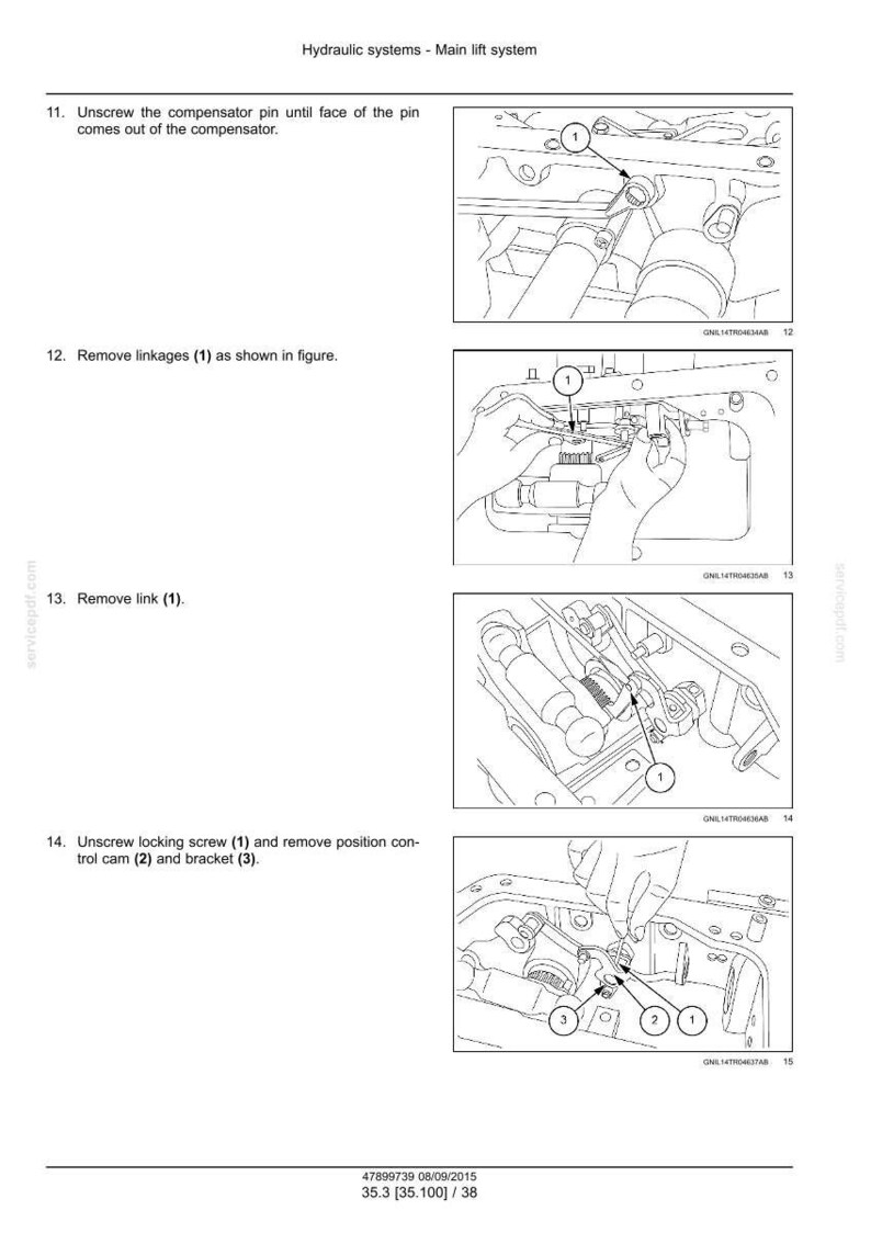 May include: Diagrams illustrating steps for hydraulic system maintenance, including removing linkages, links, and screws. The images are black and white, with numbered components and text instructions. The diagrams are from a service manual.