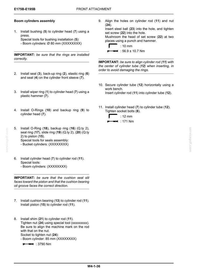 May include: A technical document page titled E175B-E195B FRONT ATTACHMENT detailing the Boom cylinders assembly process. It lists eleven numbered installation steps for components like bushings, seals, O-rings, and rods, including torque specifications.