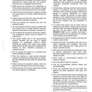 May include: A page from a safety manual with the title "Chapter 2 - Safety, and Safety Decals." The text provides instructions on starting, stopping, and operating precautions for machinery, including safety checks and hazard avoidance.