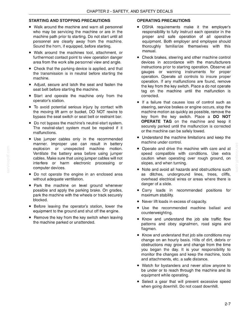 May include: A page from a safety manual with the title "Chapter 2 - Safety, and Safety Decals." The text provides instructions on starting, stopping, and operating precautions for machinery, including safety checks and hazard avoidance.