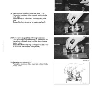 May include: Technical diagram with step-by-step instructions for disassembling a mechanical component. The image shows hands manipulating parts, with text labels and diagrams. The steps include removing casings, push rods, plugs, and pistons.