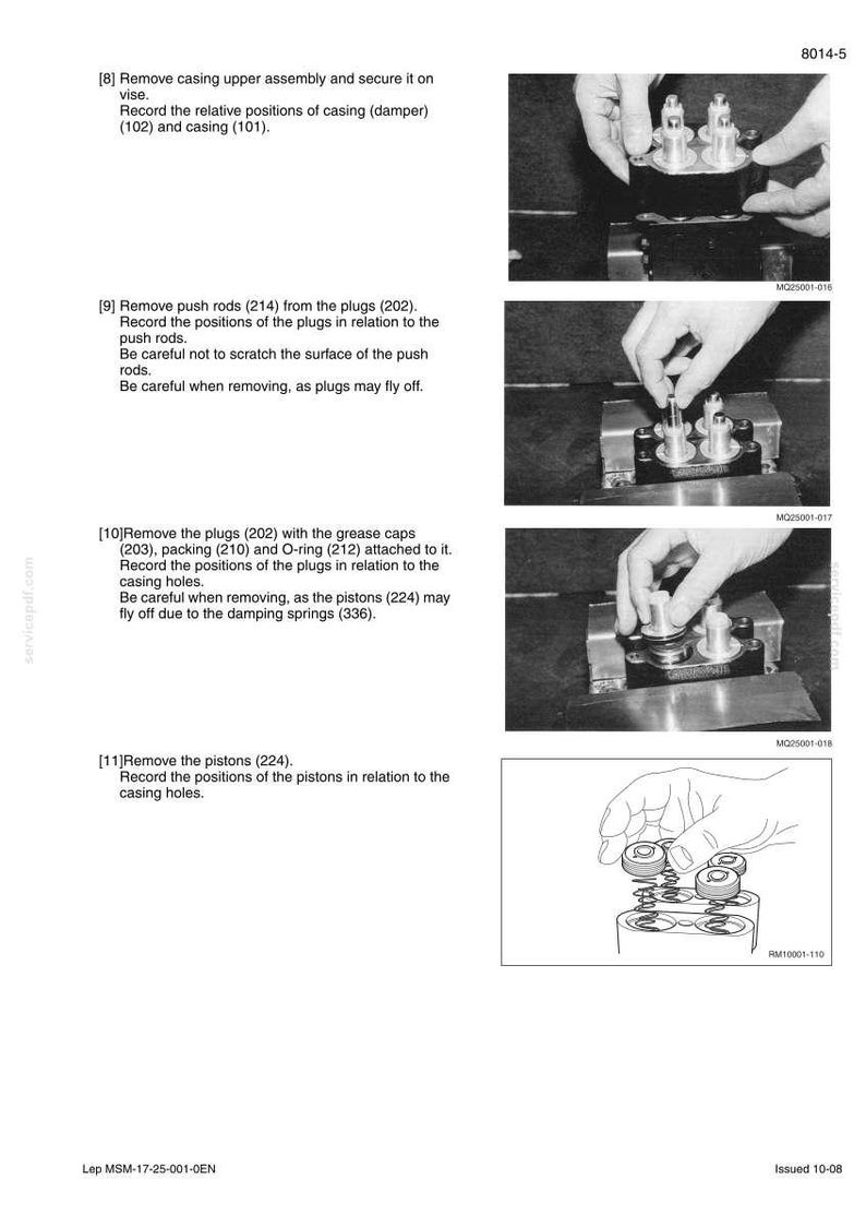 May include: Technical diagram with step-by-step instructions for disassembling a mechanical component. The image shows hands manipulating parts, with text labels and diagrams. The steps include removing casings, push rods, plugs, and pistons.