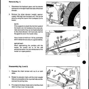 May include: A page from a New Holland TF78 Combine manual detailing straw elevator chain removal and disassembly. The manual includes diagrams, instructions, and safety notes for maintenance and repair.