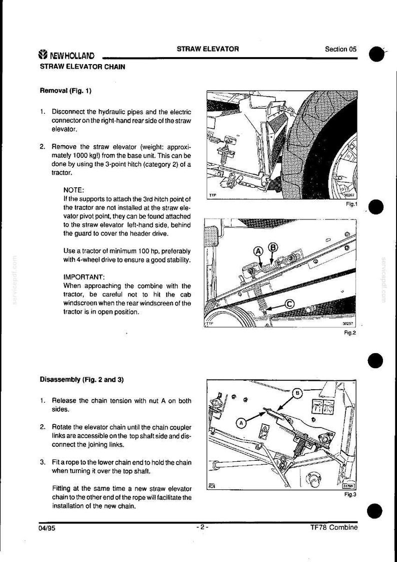 May include: A page from a New Holland TF78 Combine manual detailing straw elevator chain removal and disassembly. The manual includes diagrams, instructions, and safety notes for maintenance and repair.