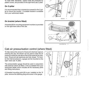 May include: A technical manual page titled 3 - CONTROLS AND INSTRUMENTS featuring line drawings for implement monitor installation on a C-pillar and bracket, plus instructions for cab air pressurisation control with a gauge on the A-pillar.