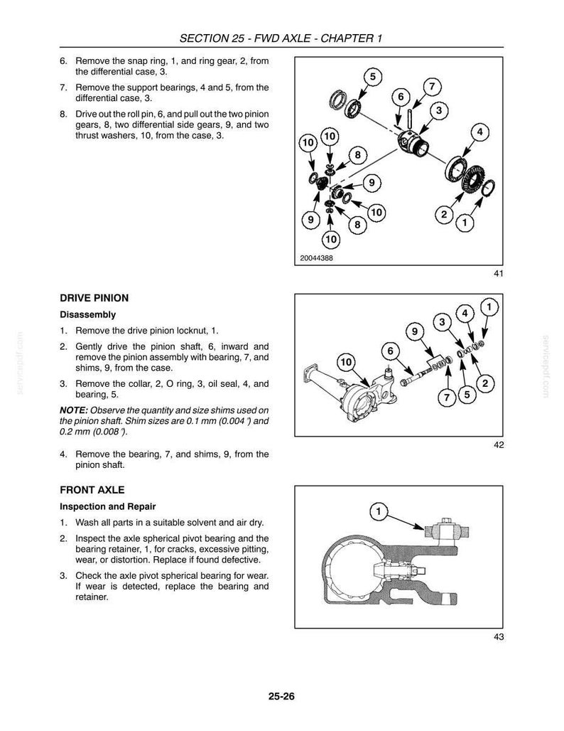 May include: A technical manual page titled SECTION 25 - FWD AXLE - CHAPTER 1, featuring three black and white exploded view diagrams of mechanical axle components labeled with numbered parts, alongside instructional text for disassembly and repair.