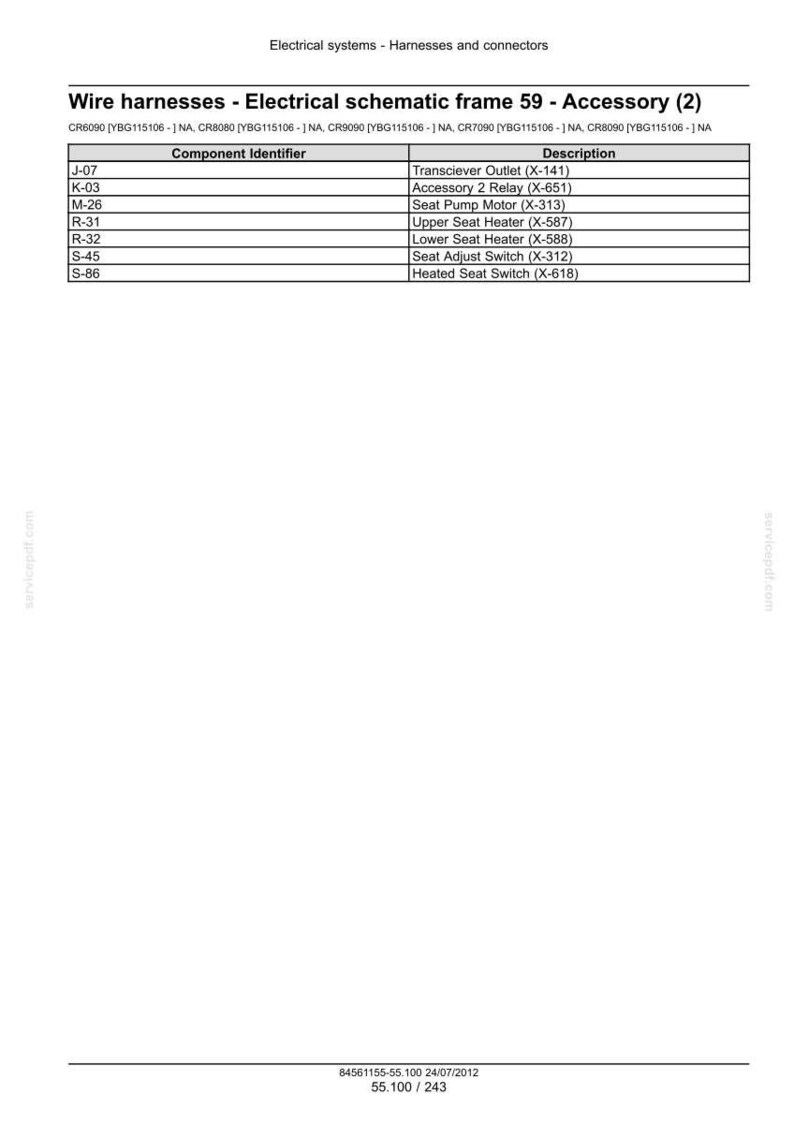 May include: A technical document titled Wire harnesses - Electrical schematic frame 59 - Accessory (2) containing a table that lists component identifiers and descriptions for electrical parts like seat heaters, relays, and switches.