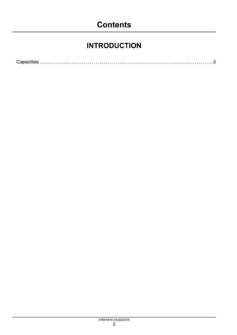 May include: A white page with the title "Contents" and the heading "INTRODUCTION". The word "Capacities" is listed below the title. The bottom of the page has the date "24/02/2015" and the number "2".