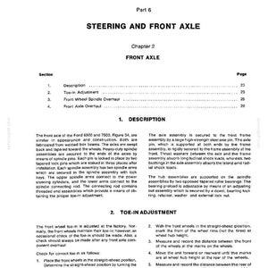 May include: A page from a manual titled "Steering and Front Axle," with text and diagrams. The document details front axle components, toe-in adjustment, and wheel spindle overhaul procedures. Printed in the USA, 1973.