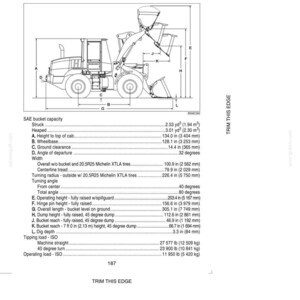 May include: Diagram of a 721E Z-Bar loader with dimensions and specifications. Includes measurements in inches and pounds, such as a 305.1-inch overall length and a 27,577-pound tipping load. The diagram also shows the bucket capacity and turning radius.
